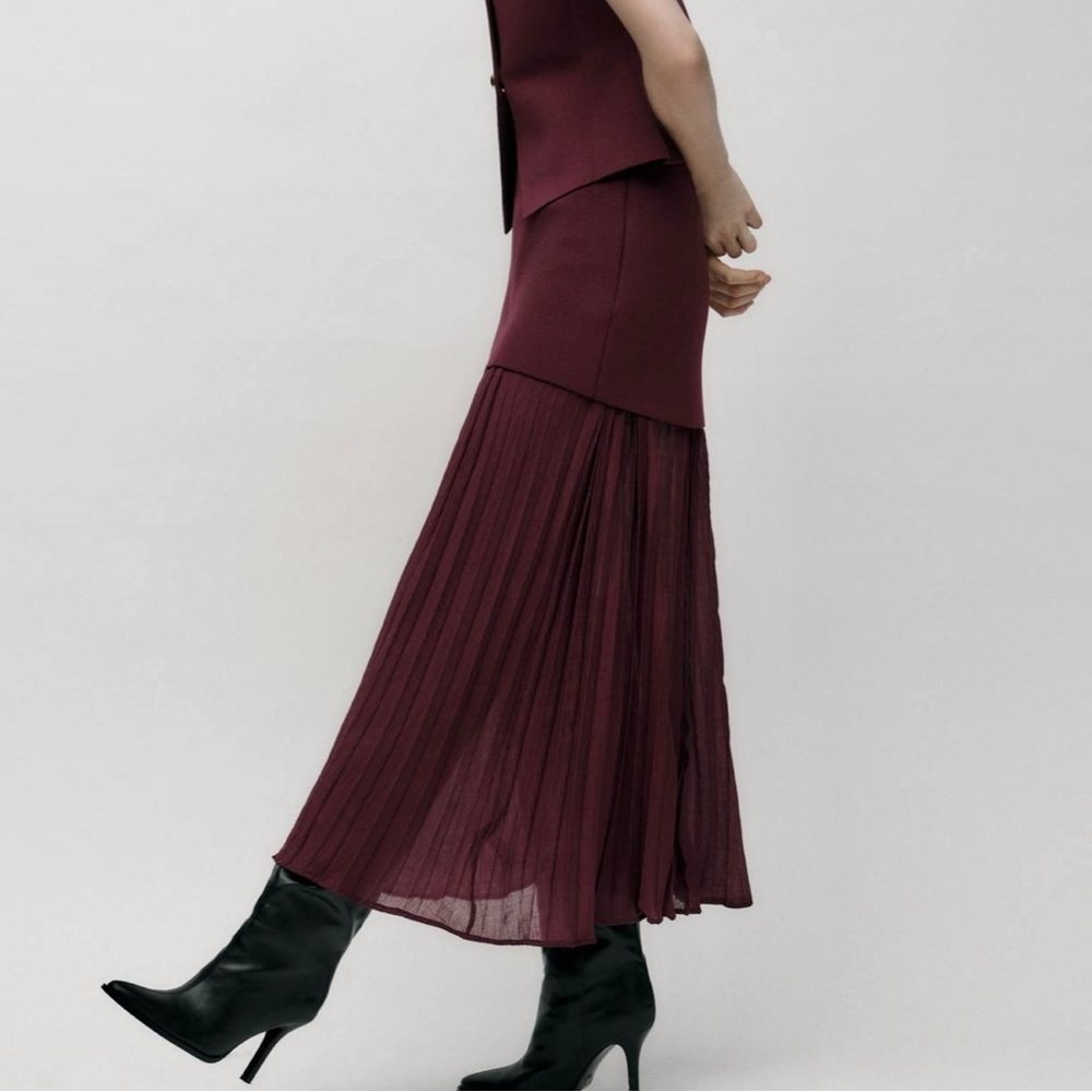 Zara NWT burgundy drop waist double layered underlay mixed pleated knit skirt - Picture 10 of 15